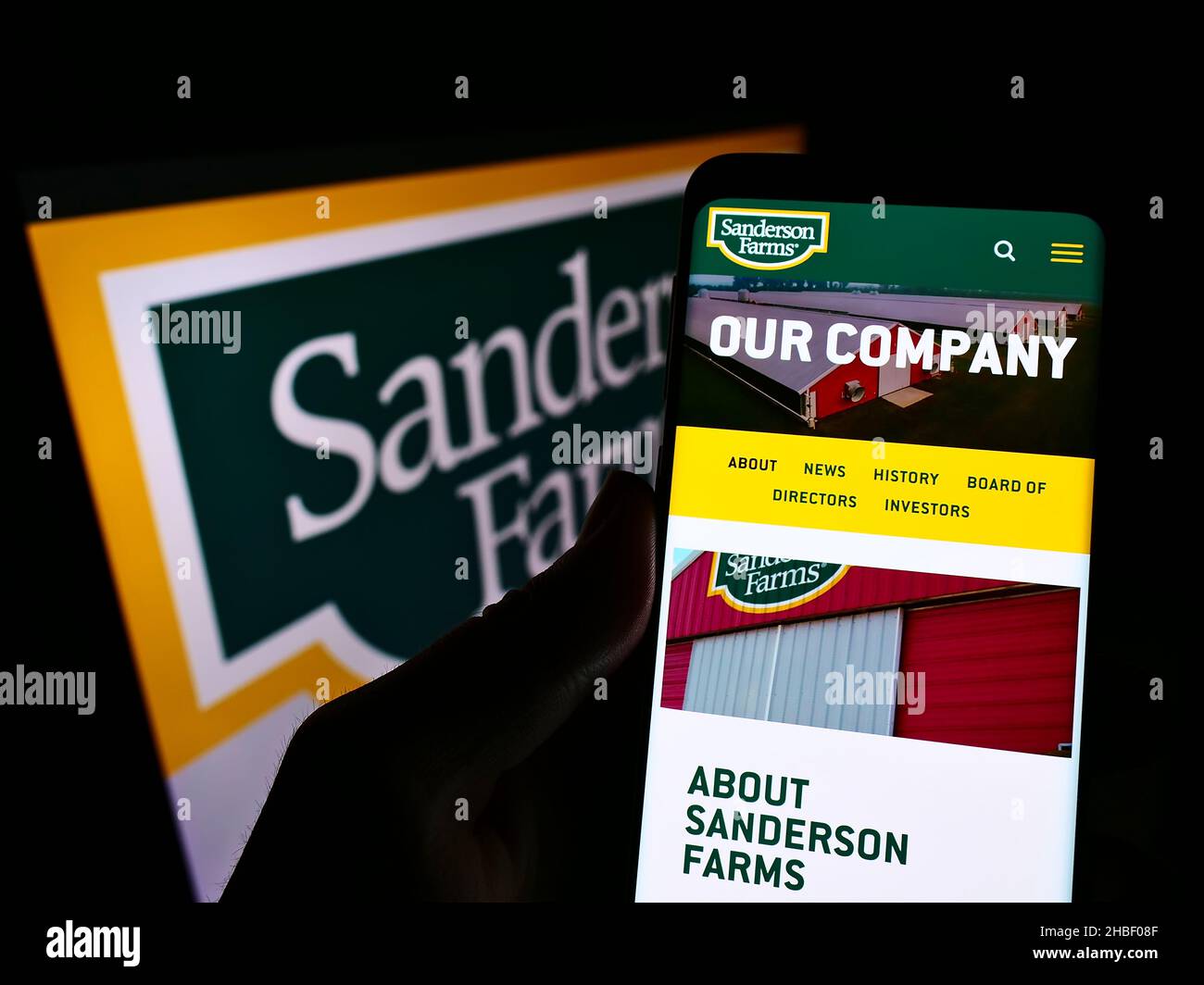 Persona que sostiene el celular con la página web de la compañía de aves de corral de EE.UU. Sanderson Farms Inc. En la pantalla delante del logotipo. Enfoque en el centro de la pantalla del teléfono. Foto de stock