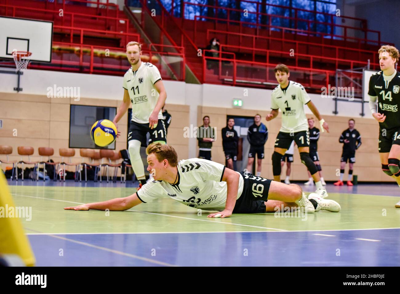 Alemania ,Eltmann, Georg Schäfer Halle - 19 Dec 2021 - 3.Liga, Voleibol - VC Eltmann vs TSV Eibelstadt Imagen: Lukas Spachmann (TSV Eibelstadt, 16) buceo para submarinarse a la pelota para mantener vivo el juego. Foto de stock