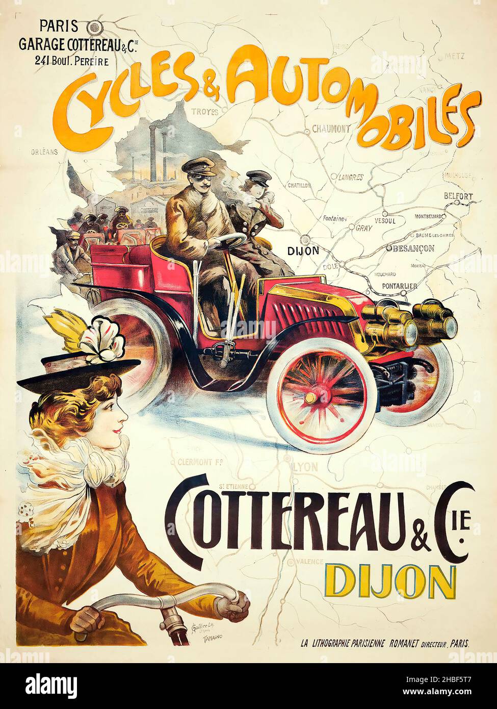 Cartel de automóvil vintage / cartel de motor - Cycles & Automobiles Cottereau & Dijon Cie de Francisco Tamagno c 1902. Foto de stock