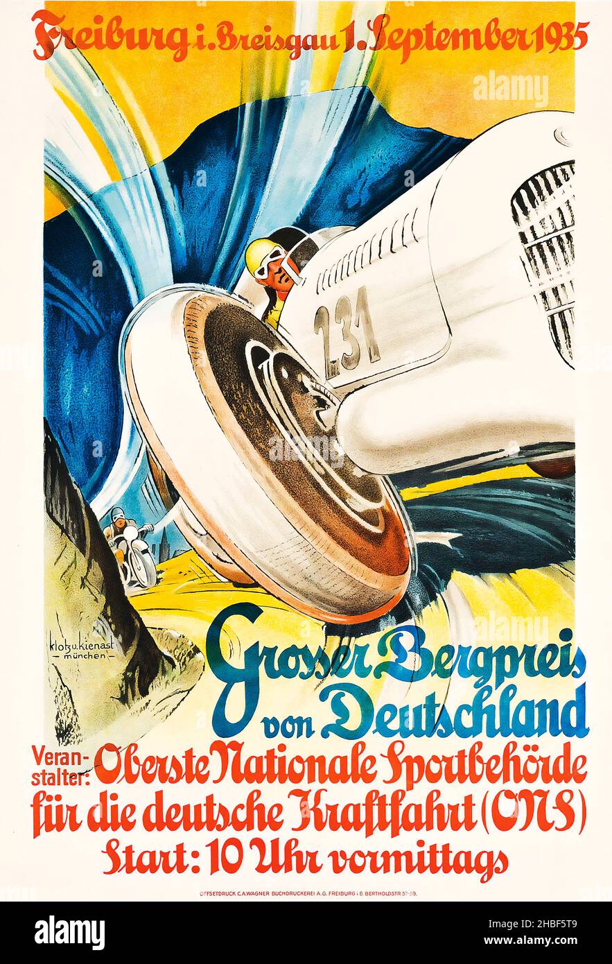 Cartel de automóvil de época / póster de motor - Klotz & Kienast GROSSER BERGPREIS VON DEUTSCHLAND, FREIBURG 1935 Foto de stock