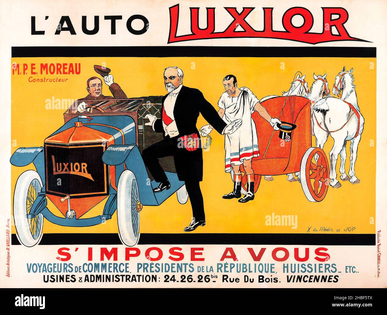 Cartel Vintage del coche / cartel del motor - L'Auto luxior (c. 1912). Publicidad Francesa Grande. M.P.E. Moreau. Foto de stock