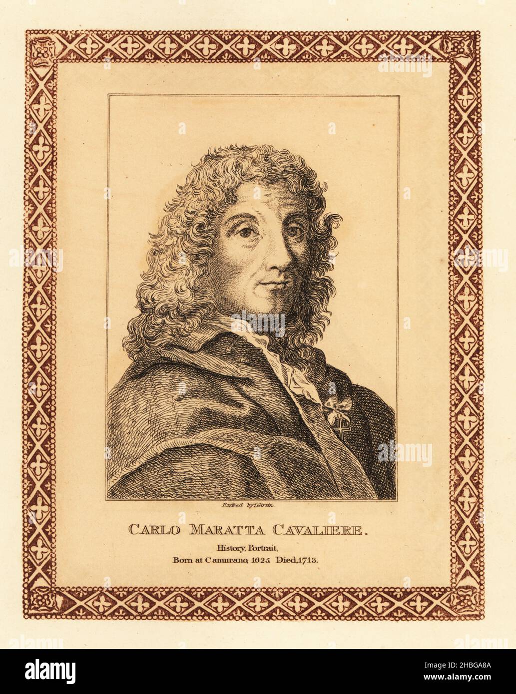 Carlo Maratta Cavaliere, de 1625 a 1713 años, pintor de historia italiana  conocido principalmente por sus pinturas realizadas de estilo clásico  barroco tardío. Grabado teñido dentro de un borde decorativo por John