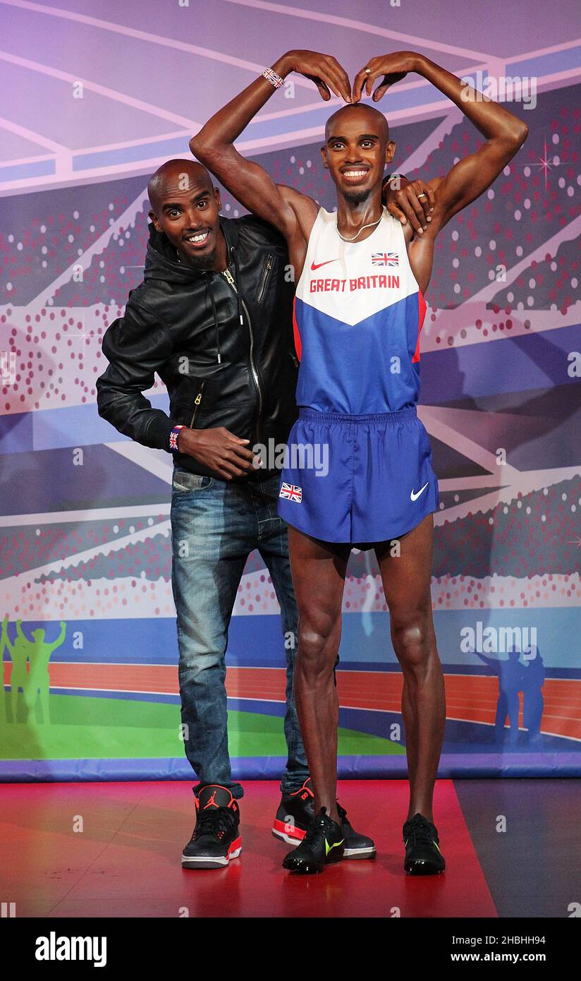 Mo Farah asiste a una llamada para presentar dos nuevas figuras de cera para las atracciones de Madame Tussauds en Londres y Blackpool en Madame Tussauds en Londres. Foto de stock