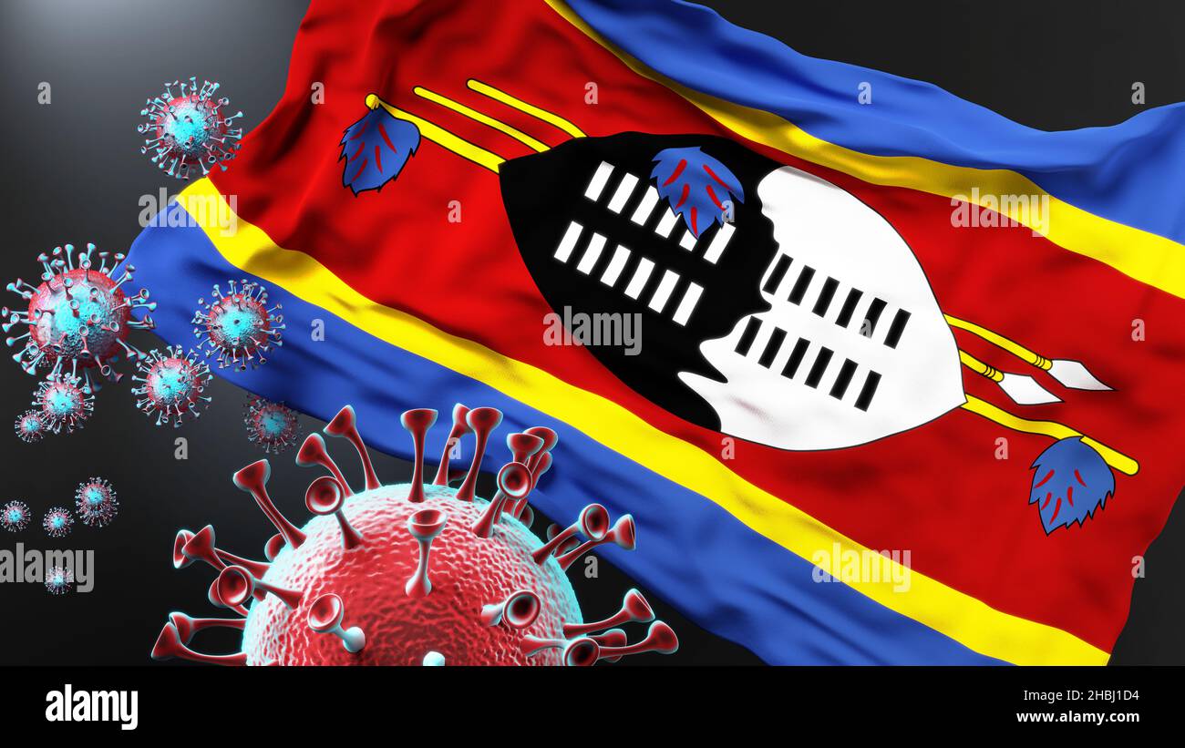 Eswatini y la pandemia de covid - virus de la corona que ataca la bandera nacional de Eswatini para simbolizar la lucha, la lucha y la presencia del virus en este cou Foto de stock
