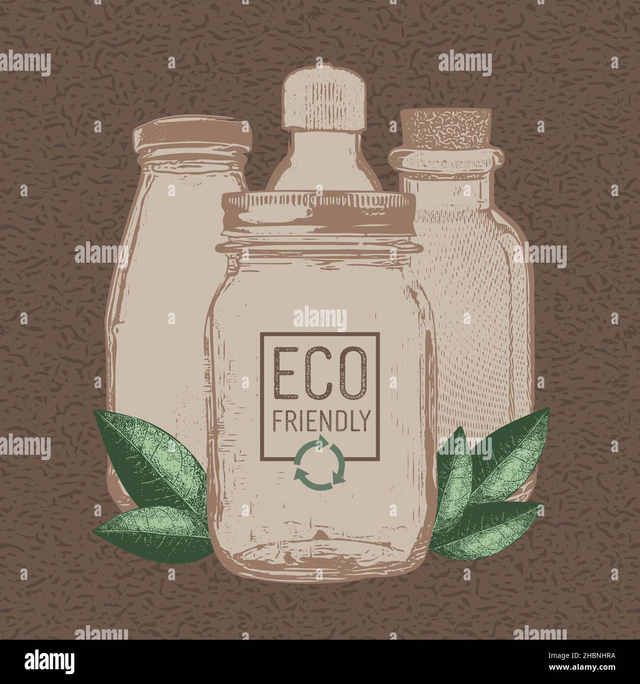 Frascos de vidrio reutilizados. Productos ecológicos, en beneficio del medio ambiente. Ilustración de vectores. Ilustración del Vector