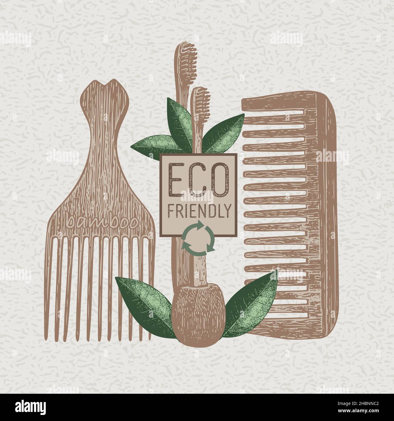 Cepillo de dientes y peine ecológico de Bambú . Productos ecológicos, en beneficio del medio ambiente. Ilustración de vectores. Ilustración del Vector