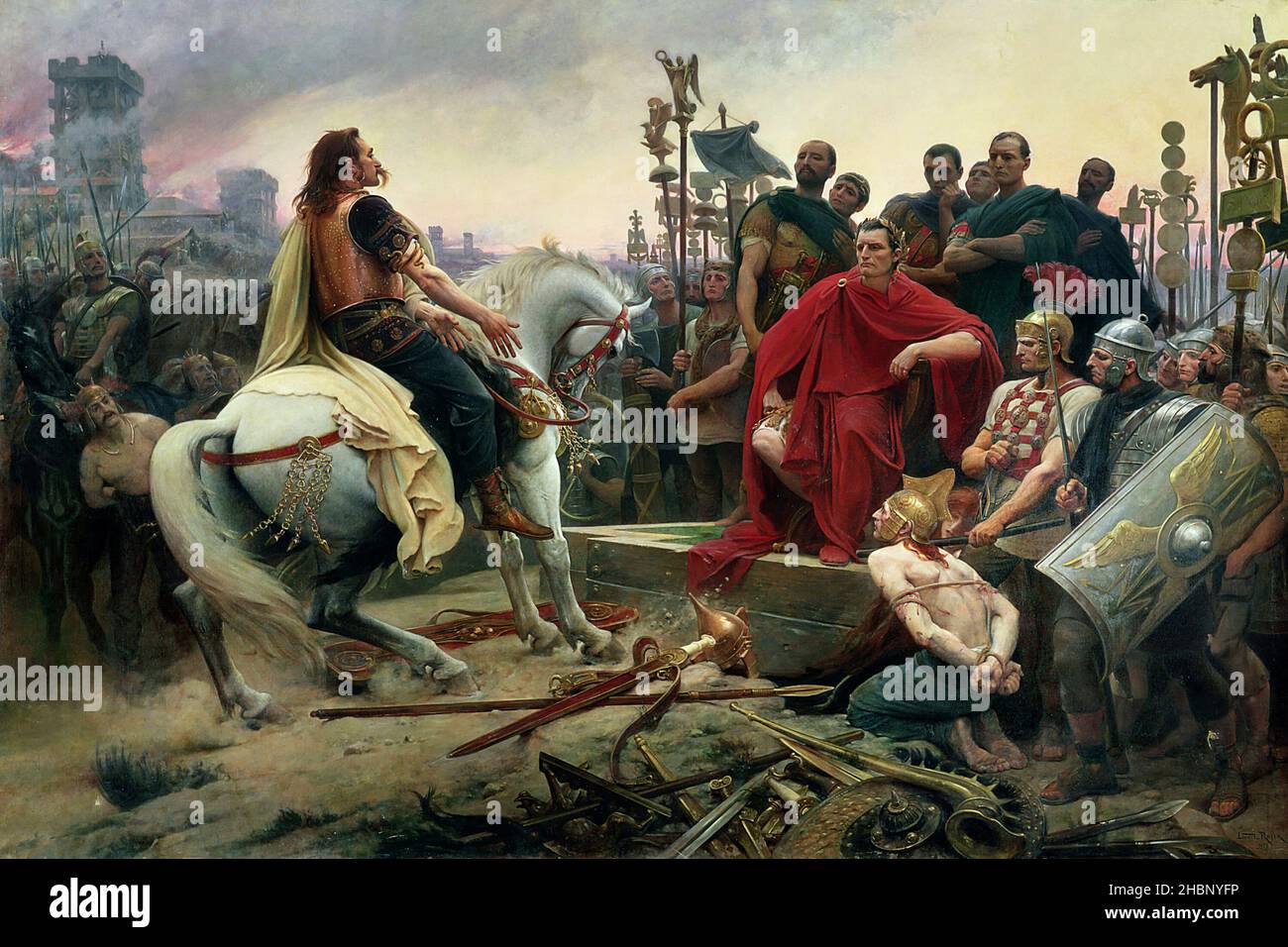 Vercinguetorix lanza sus brazos a los pies de Julio César, pintado por Lionel Royer. Muestra al Jefe de los galos Vercingétorix entregando sus brazos a César después de la Batalla de Alesia en 52BC Foto de stock
