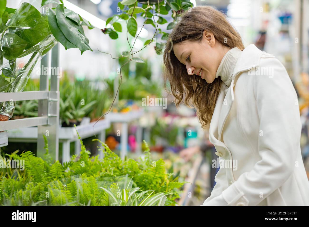 hermosa mujer europea en el abrigo blanco elige el houseplant en la tienda de flores Foto de stock
