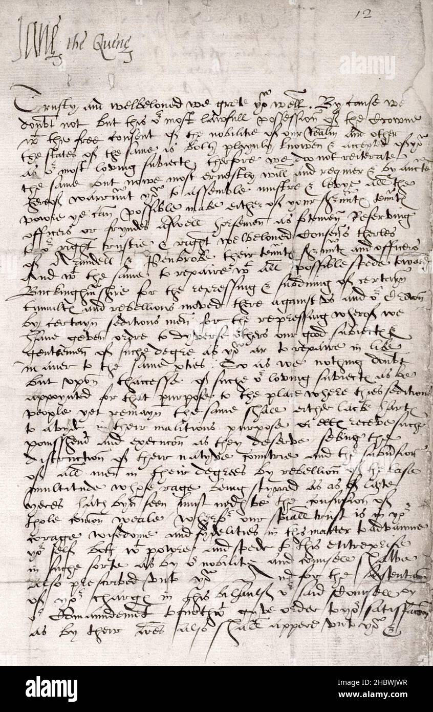 Una carta escrita por Lady Jane Grey con su firma Jane la Reina (escrita como Jane el Quene) Foto de stock