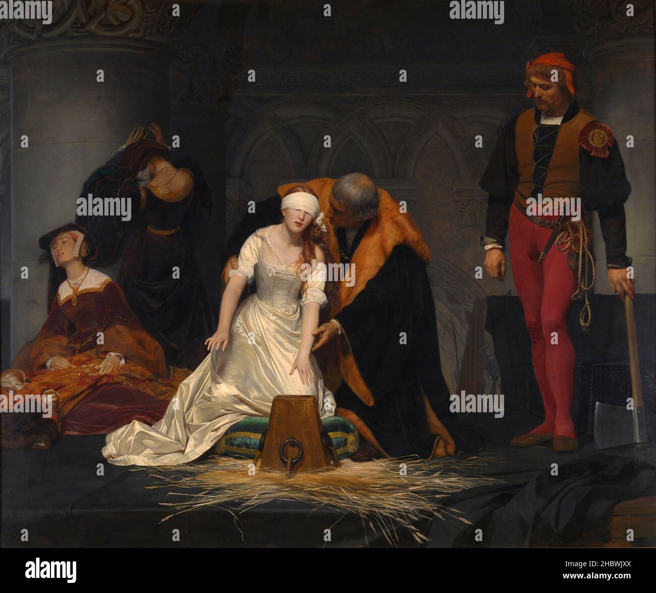 La ejecución de Lady Jane Grey, que había reinado como Reina de Inglaterra durante 9 días, el 12th de febrero de 1554. Pintura de Paul de la Roche Foto de stock