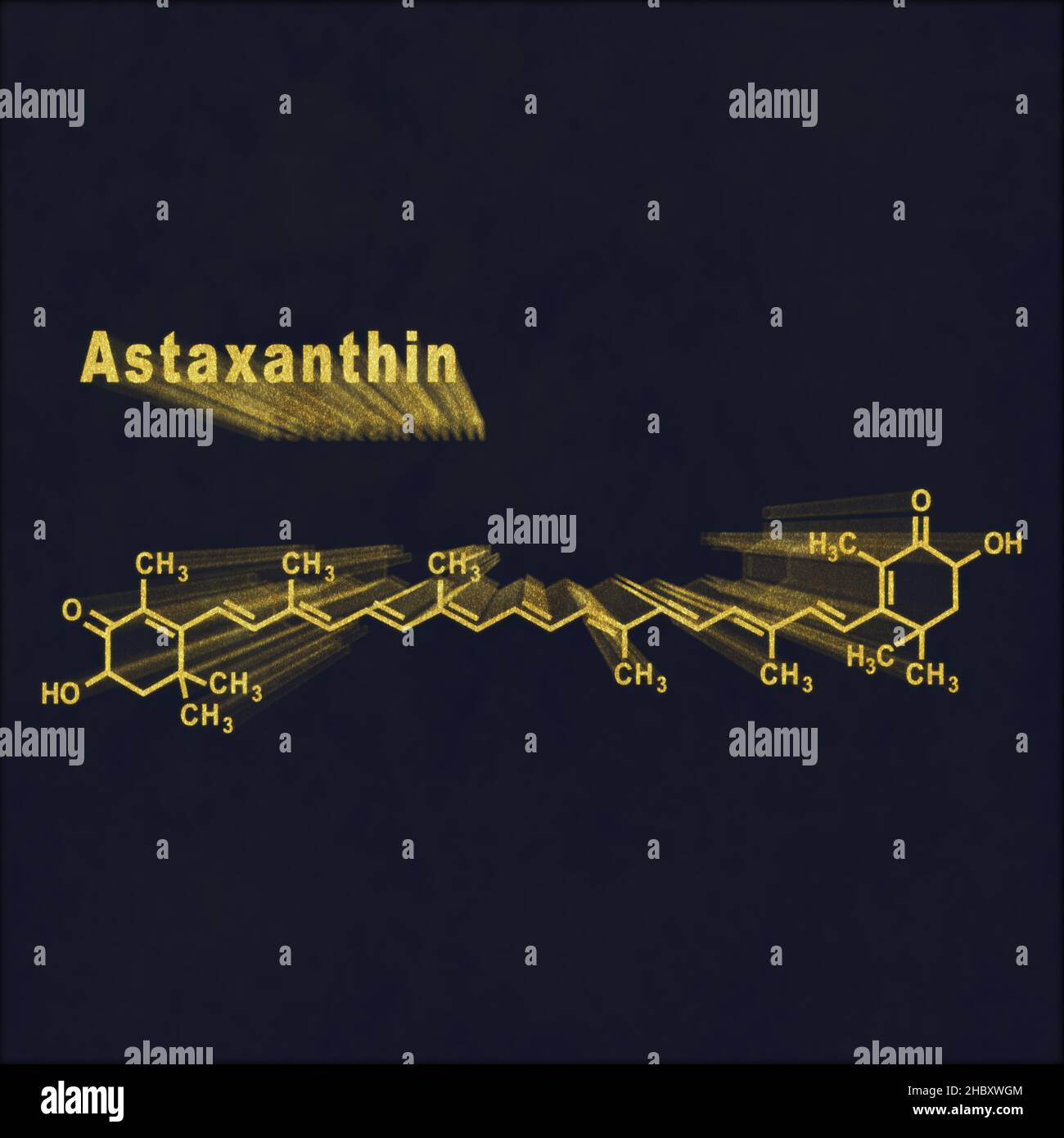 Ceto-carotenoide astaxantina, fórmula química estructural de oro sobre fondo oscuro Foto de stock