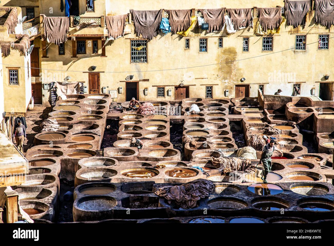 Artesanos de cuero teñido en Chaouwara curtiduría en Fez, Marruecos Foto de stock