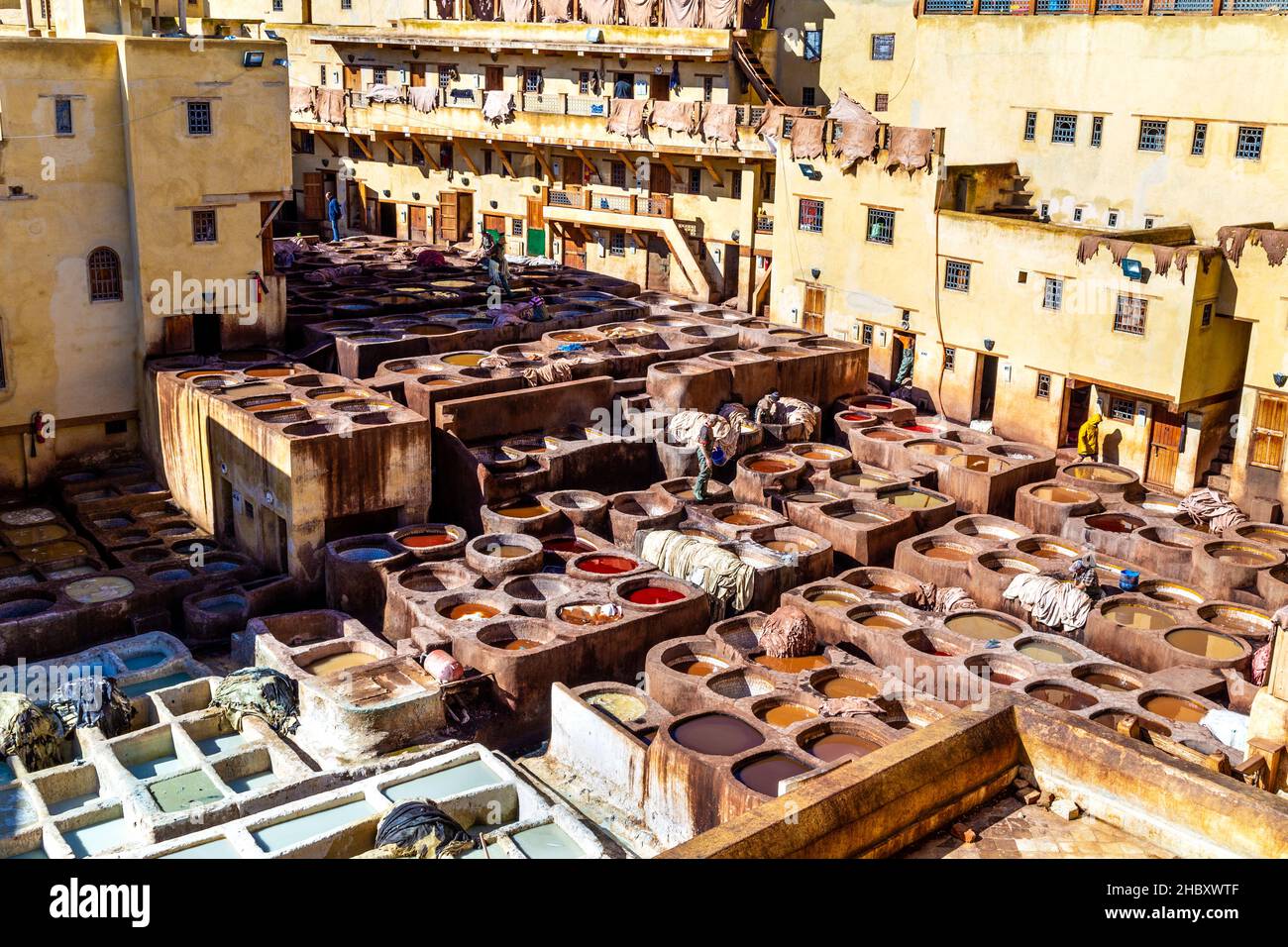 Artesanos de cuero teñido en Chaouwara curtiduría en Fez, Marruecos Foto de stock