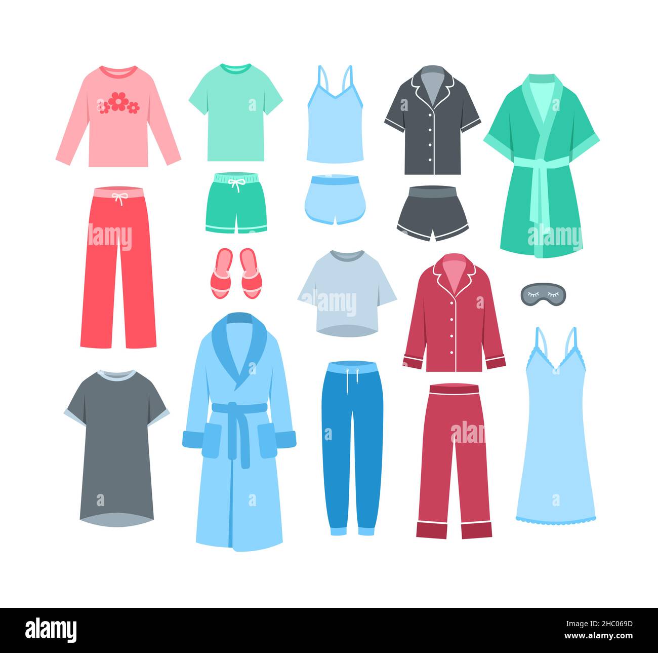 Ropa de hogar para mujeres ropa de dormir. Ilustración de vector plano.  Cómodas prendas de vestir en la cama. Pantalones y pantalones cortos con  camisas y partes de arriba, pijama Imagen Vector