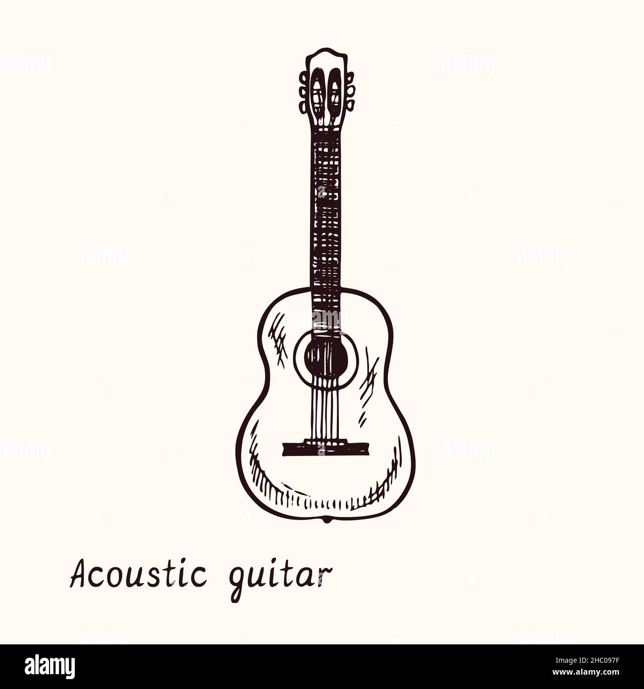 Guitarra acústica. Dibujo de fideos en blanco y negro con tinta en madera  con inscripción Fotografía de stock - Alamy
