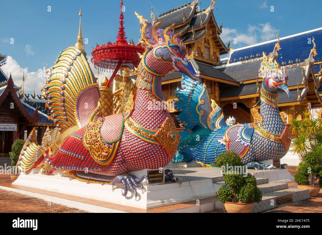 Tailandia: Hamsa o gansos sagrados en Wat Ban Den, Ban Inthain, distrito de Mae Taeng, Chiang Mai. Wat Ban Den, también conocido como Wat Bandensali Si Mueang Kaen, es un gran complejo de templos budistas al norte de la ciudad de Chiang Mai, en el norte de Tailandia. Foto de stock