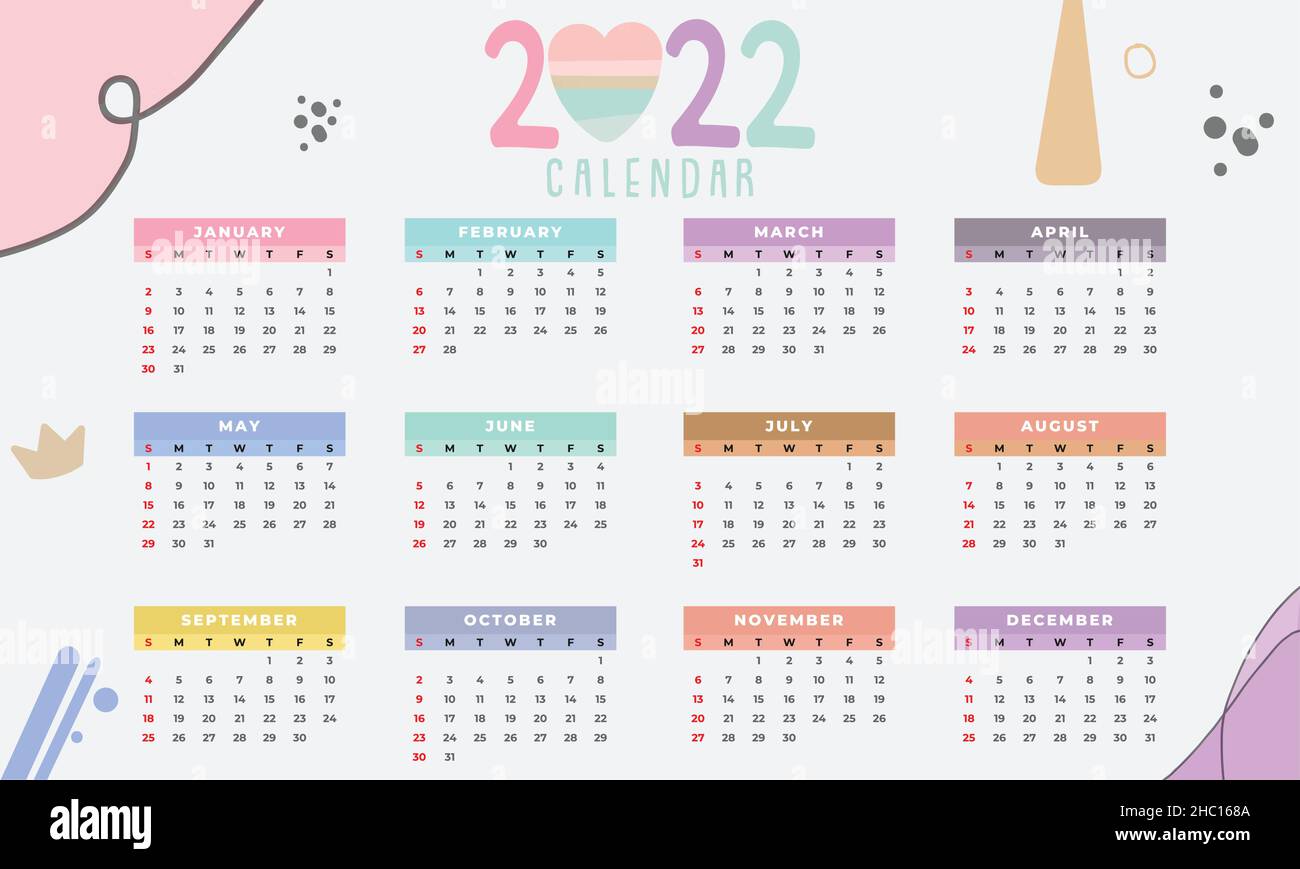 Calendario 2022 año fijado. Colección de plantillas vectoriales. Diseño  sencillo. La semana comienza el domingo. Enero, febrero, marzo, abril,  mayo, Junio, julio, agosto, SE Imagen Vector de stock - Alamy