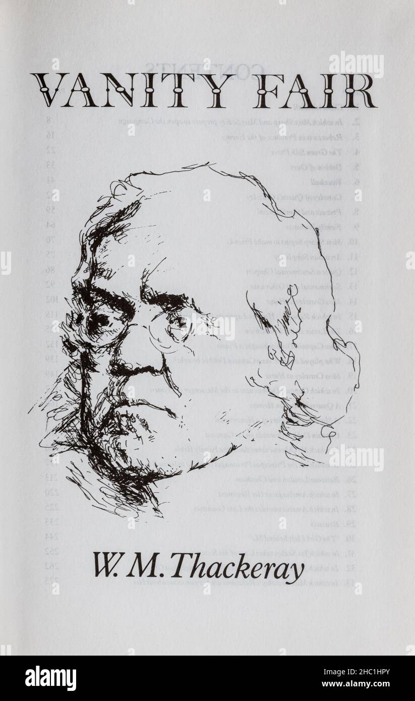 Vanity Fair libro - novela clásica de W.M. Thackeray (William Makepeace Thackeray). Página de título y dibujo del autor. Foto de stock