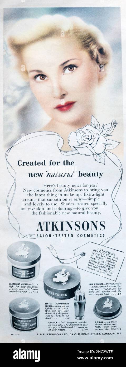 1950 anuncio de la revista Atkinsons Cosmetics. Foto de stock