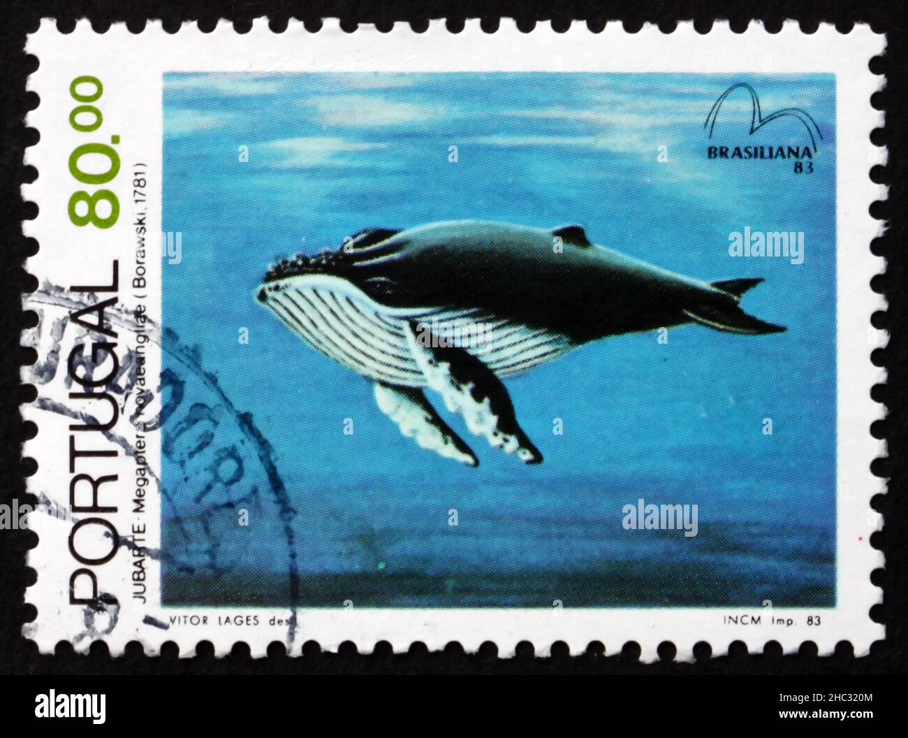 PORTUGAL - CIRCA 1983: Un sello impreso en Portugal muestra Humpback Whale, Megaptera novaeangliae, Baleen Whale, Amenazed Sea Mammal, circa 1983 Foto de stock