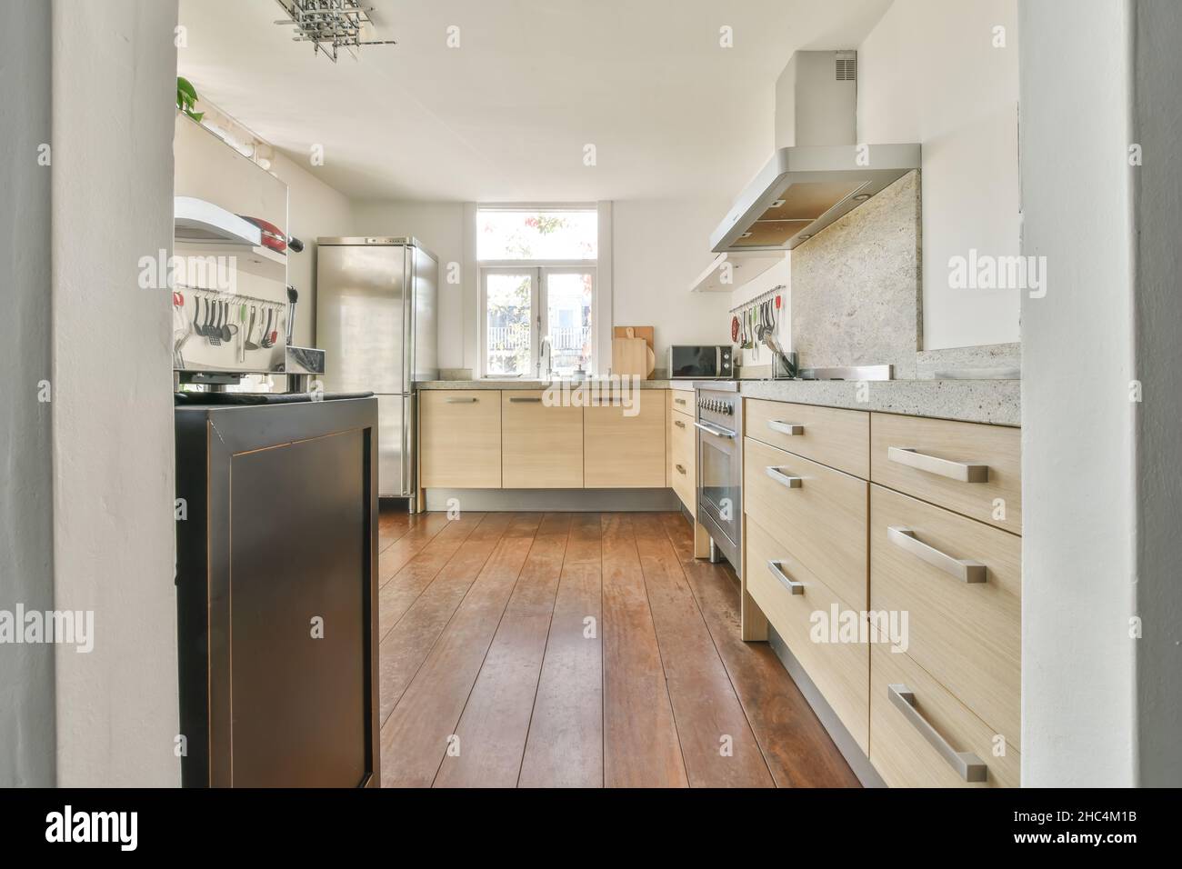 Amplia cocina interior de lujo con electrodomésticos modernos Foto de stock