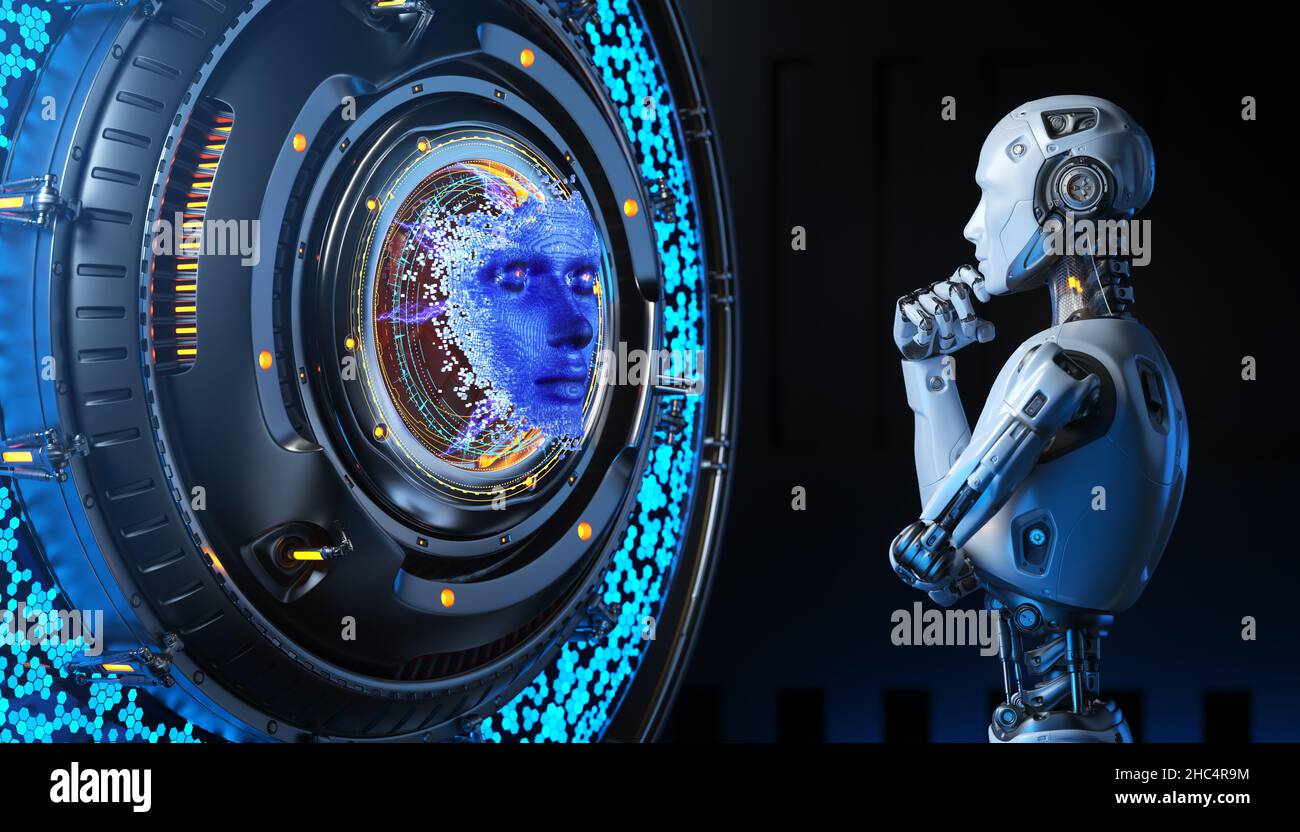 Humano como robot en una postura pensativa delante de super ordenador. Ilustración 3D Foto de stock