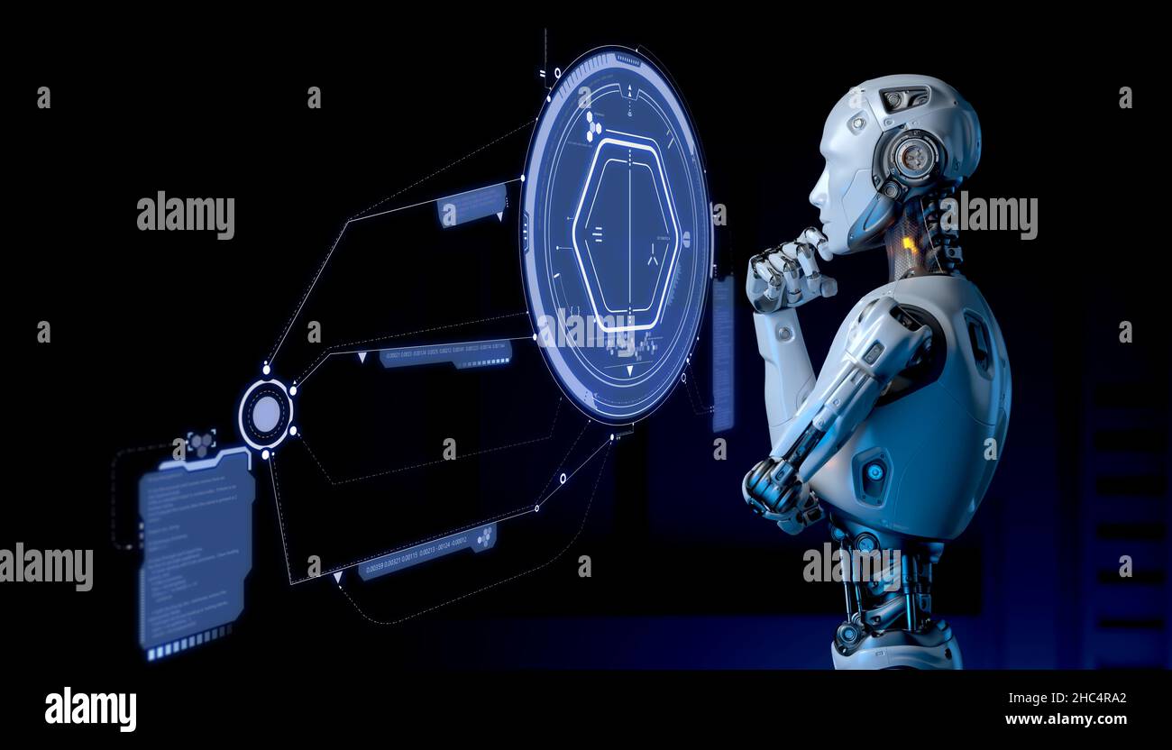 Robot frente a una interfaz de usuario futurista. Ilustración 3D Foto de stock