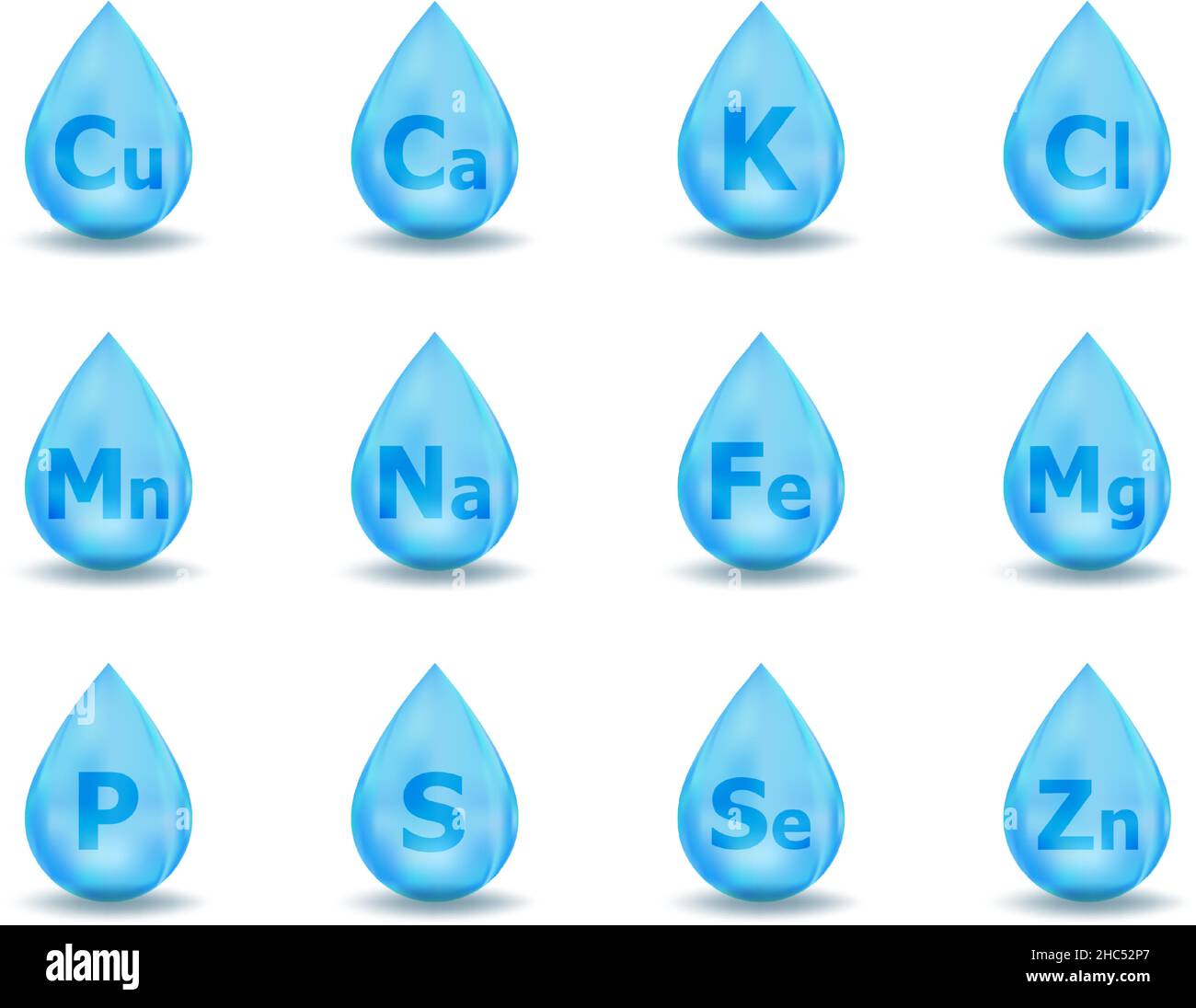 Conjunto de complejo de gotas minerales. Mineral K, Cl, Ca, Cu, Mn, Na