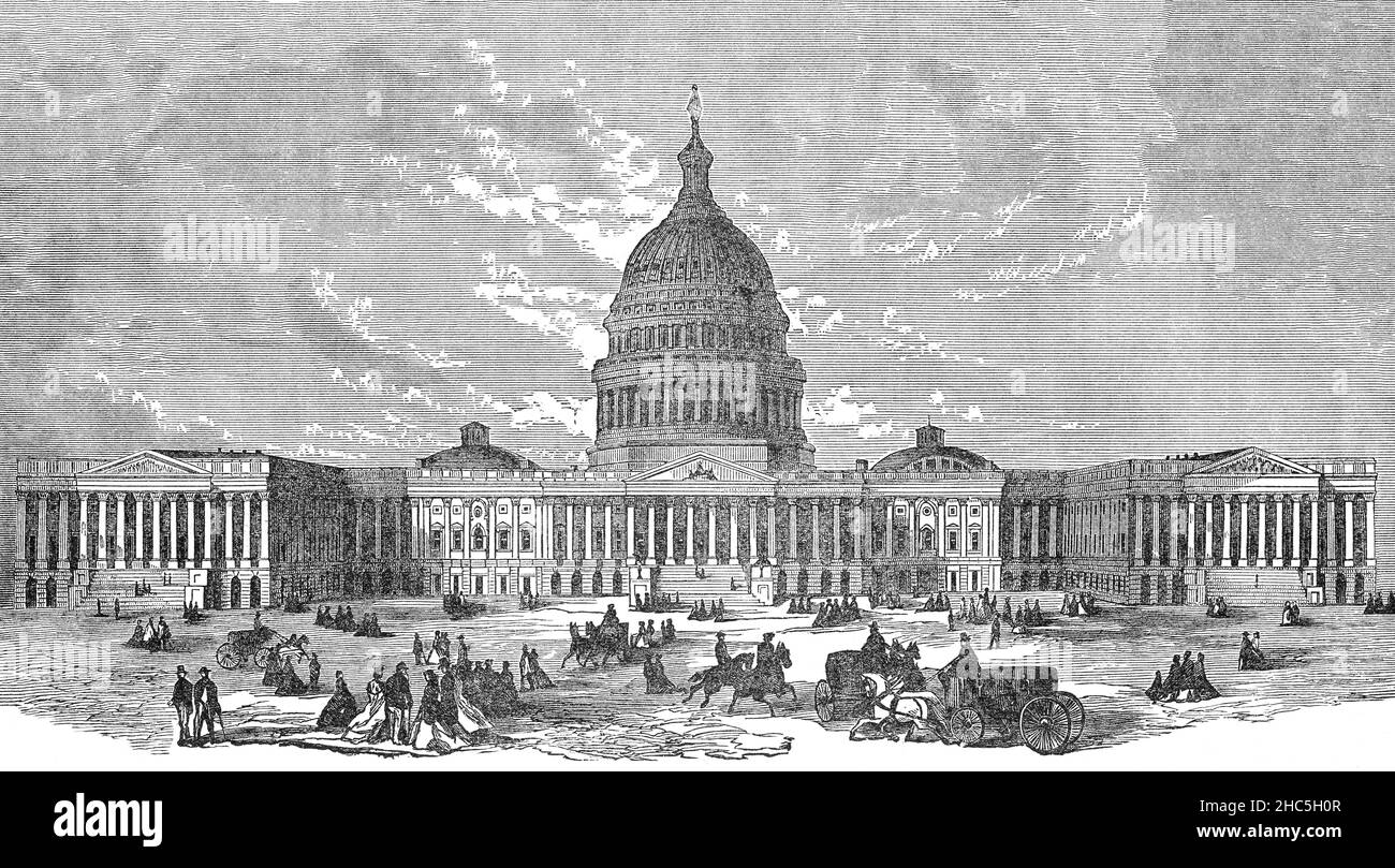 Una ilustración de finales del siglo 19th del neoclásico Capitolio de los Estados Unidos, a menudo llamado el Capitolio o el Edificio del Capitolio, y lugar de reunión del Congreso de los Estados Unidos y la sede de la rama legislativa del gobierno federal de los Estados Unidos. Situado en Capitol Hill en el extremo este del National Mall en Washington D.C., Estados Unidos. Fue diseñado por el arquitecto aficionado William Thornton y completado en 1811. Foto de stock