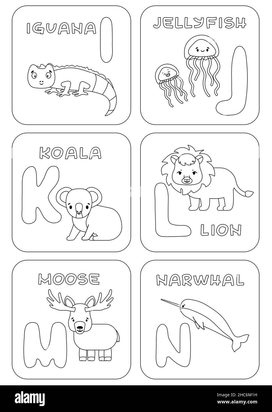 Alfabeto inglés I-N juego de niños de la familia. Colorear páginas con animales y cartas que se pueden utilizar para aprender, la educación juegos infantiles. Vector Imagen Vector de stock -