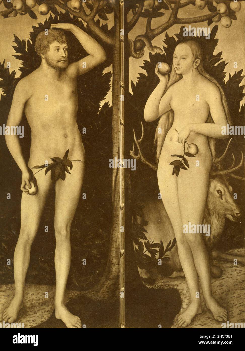 Adam y Eva, pintura del artista alemán Lucas Cranach, Múnich 1897 Foto de stock