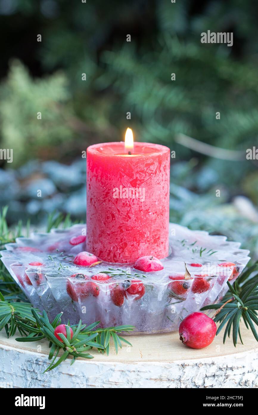 jardín de invierno con linterna de hielo y vela roja Fotografía de stock -  Alamy