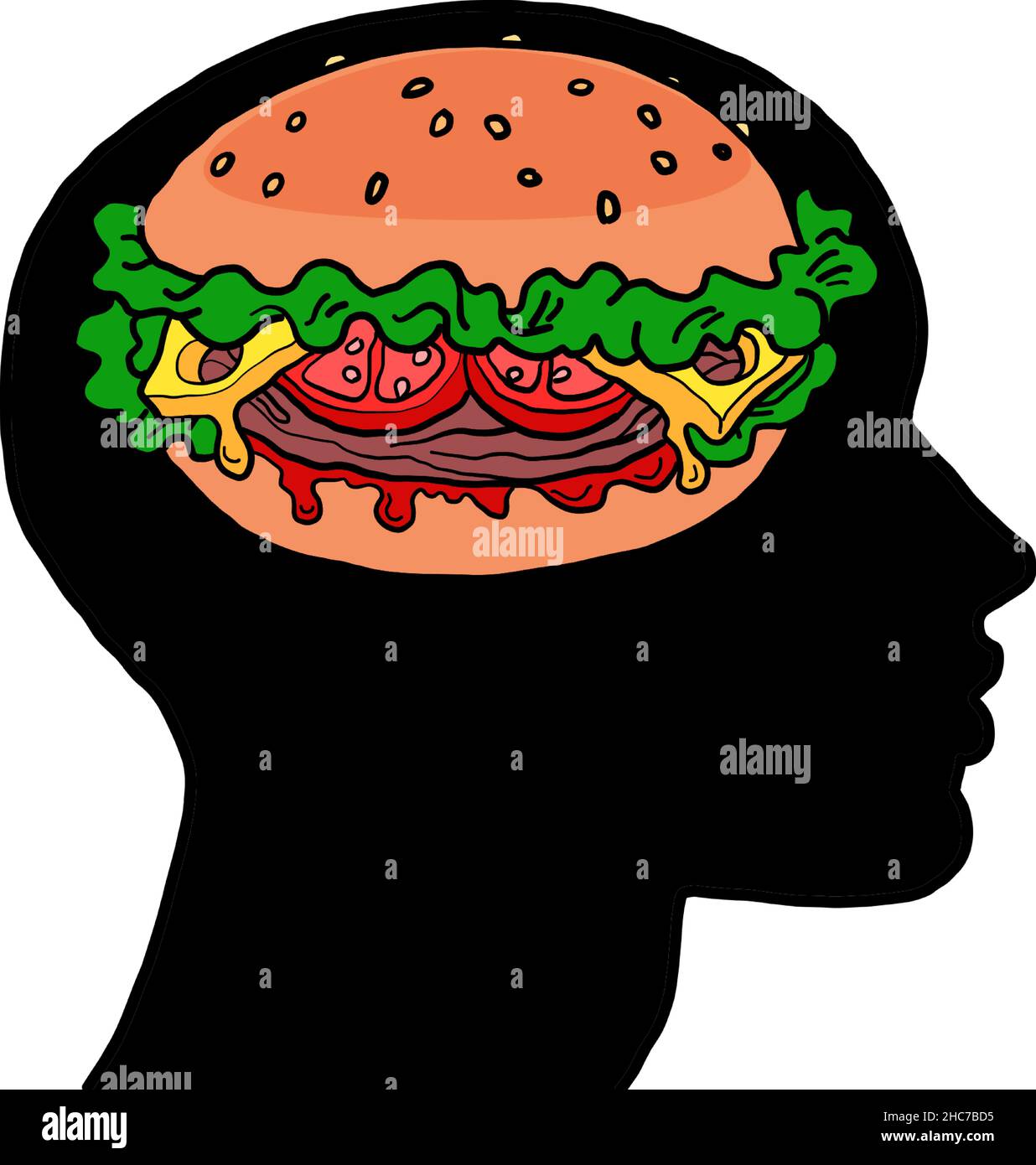 burger comida de la calle pensamientos de hambre en la silueta de la cabeza, sueños. Ilustración del Vector