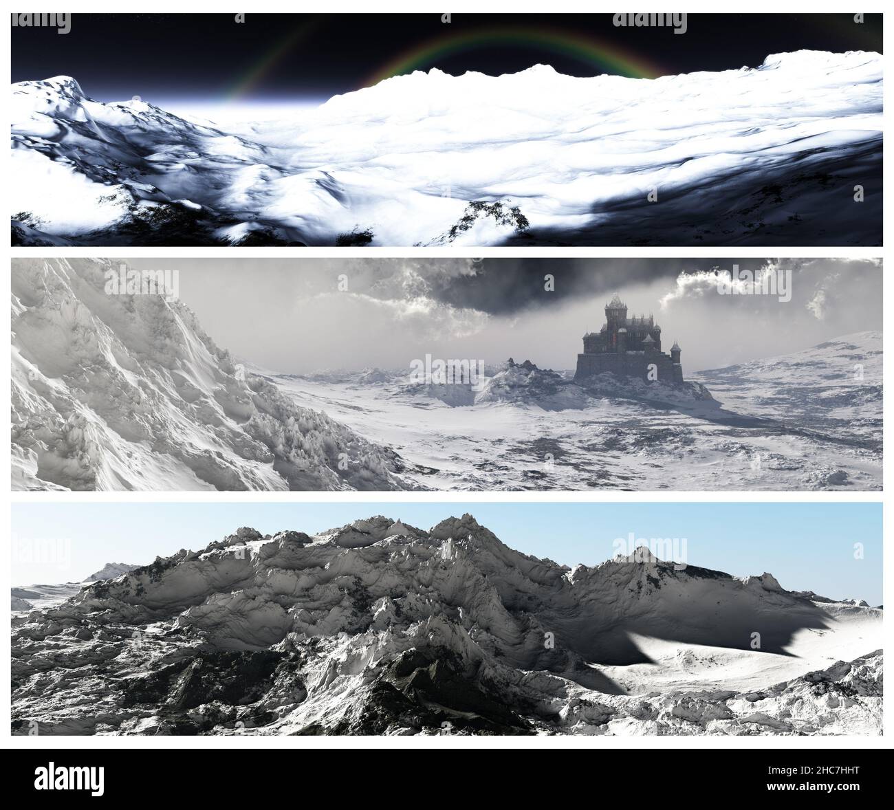 Una representación en 3D de un collage de un mundo de fantasía de montañas nevadas con un castillo Foto de stock
