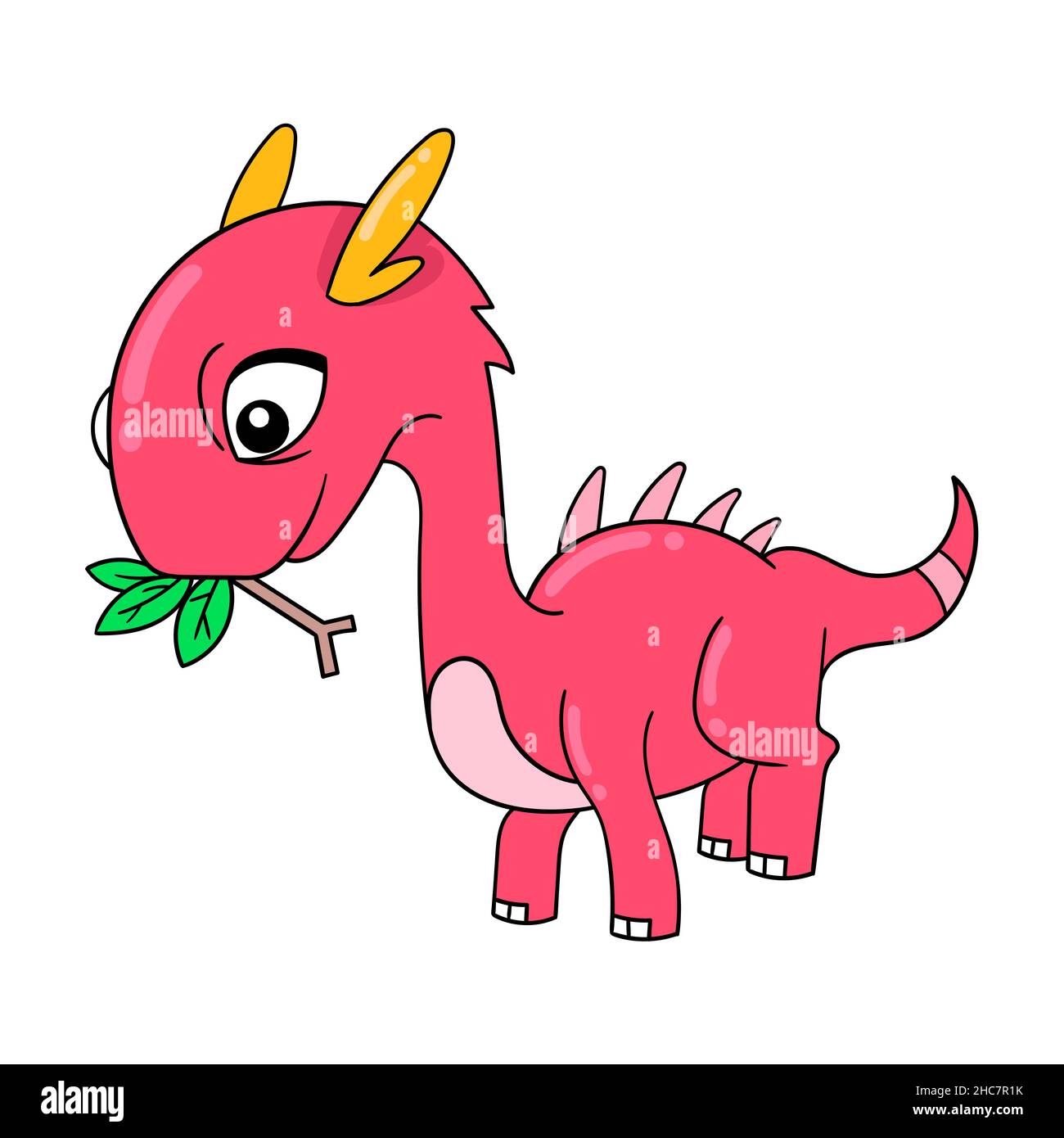 dinosaurio rojo comiendo hojas de planta, ilustración vectorial art. doodle  icono imagen kawaii Imagen Vector de stock - Alamy