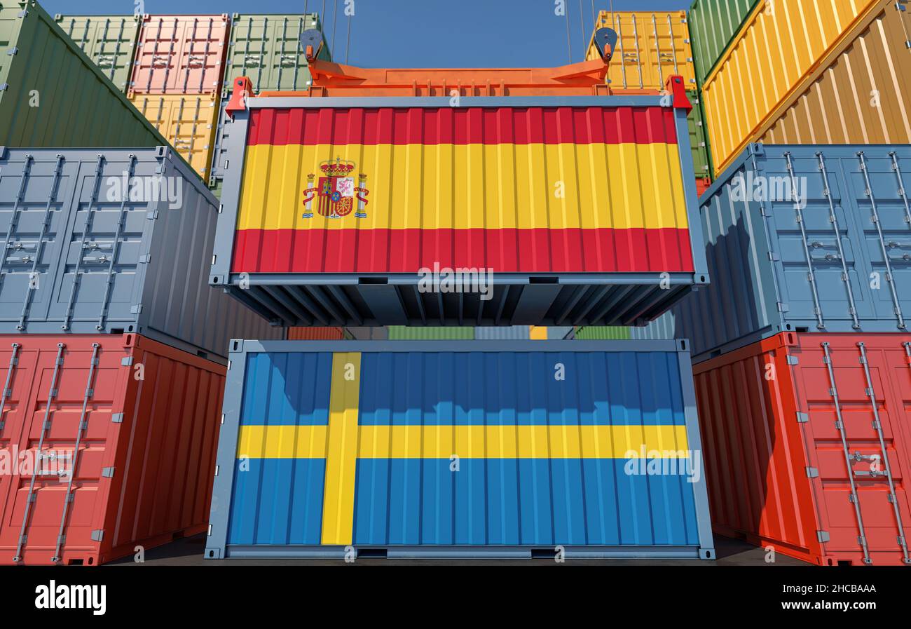 Contenedores de carga con banderas nacionales de España y Suecia. 3D Representación Foto de stock