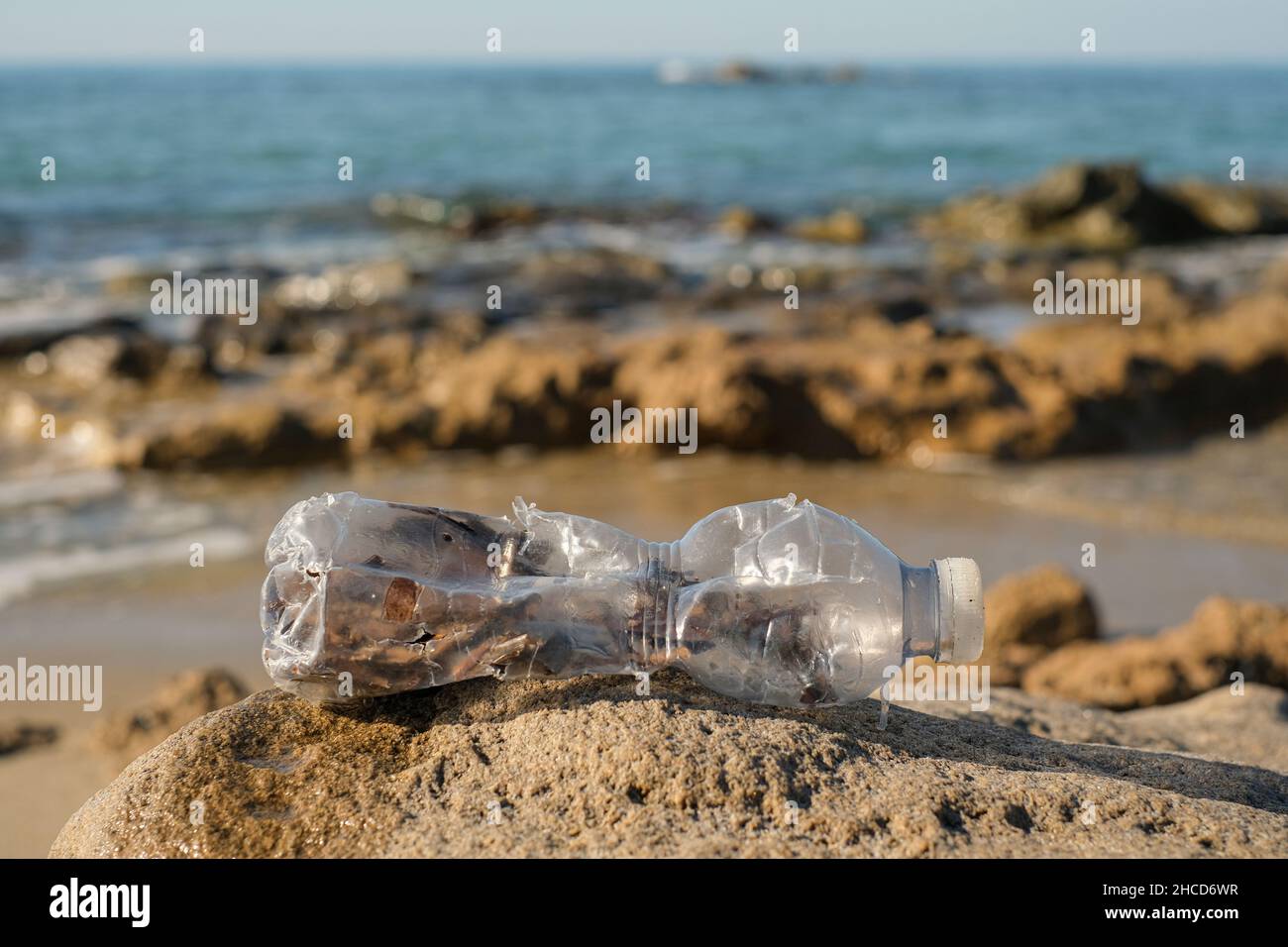 Botella de plástico desechada en el ecosistema marino contaminado por contaminación, desechos del medio ambiente Foto de stock
