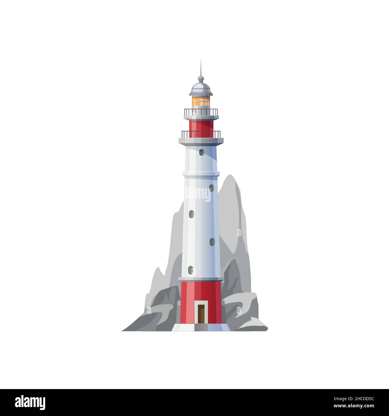Faro de mar, faro de la costa o torre de baliza y faro, icono vectorial. Faro en roca del acantilado del océano para la navegación de los barcos y la navegación marítima segura Ilustración del Vector