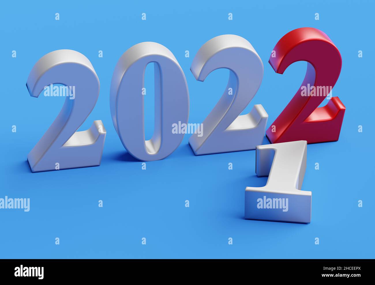El nuevo año 2022 sustituye al antiguo 2021. 3d renderizado Foto de stock