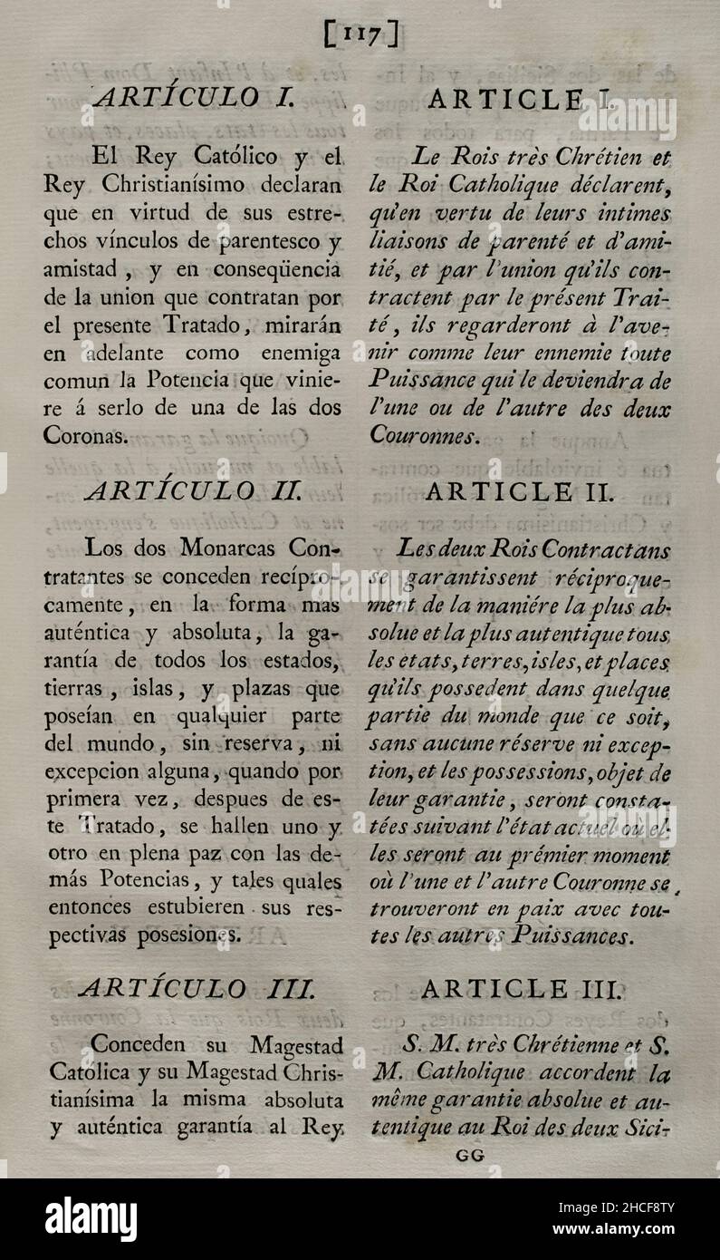 Tratado de París (III Pacto de la Familia). Tratado entre el Rey Carlos III de España y el Rey Luis XVI de Francia, firmado en París el 15 de agosto de 1761. Significó la participación de España en la fase final de la Guerra de los Siete Años (1756-1763), con el propósito de recuperar Menorca y Gibraltar, apoyando a Francia contra Inglaterra. Artículos I y II Colección de los Tratados de Paz, Alianza, Comercio Ajustada por la Corona de España con las Potencias Extranjeras (Colección de los Tratados de Paz, Alianza, Comercio ajustados por la Corona de España con las Potencias Extranjeras). Volumen III Madrid, 1801. Historia Foto de stock