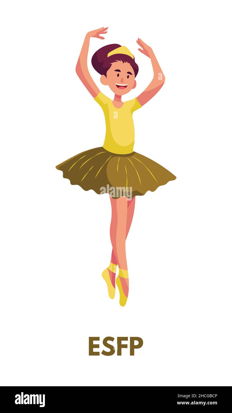 Mujer animadora bailando en tutu amarillo vestido de ballet ropa que  representa a los exploradores de la ESFP tipo de personalidad de MBTI. Arte  vectorial plano aislado en whi Imagen Vector de