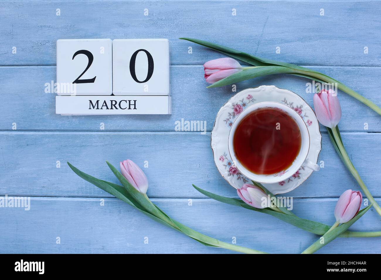 Bloques de calendario de madera blanca con fecha del 20 de marzo con té y tulipanes rosas para el primer día de la primavera. Foto de stock