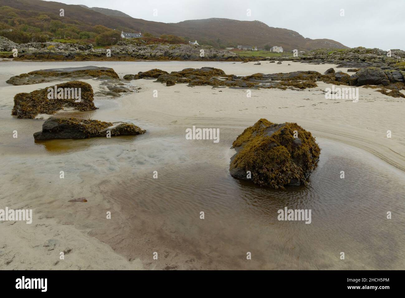 Playa de arena blanca en Ardnamurchan, Escocia, con viento soplando a través de una piscina en primer plano. Foto de stock