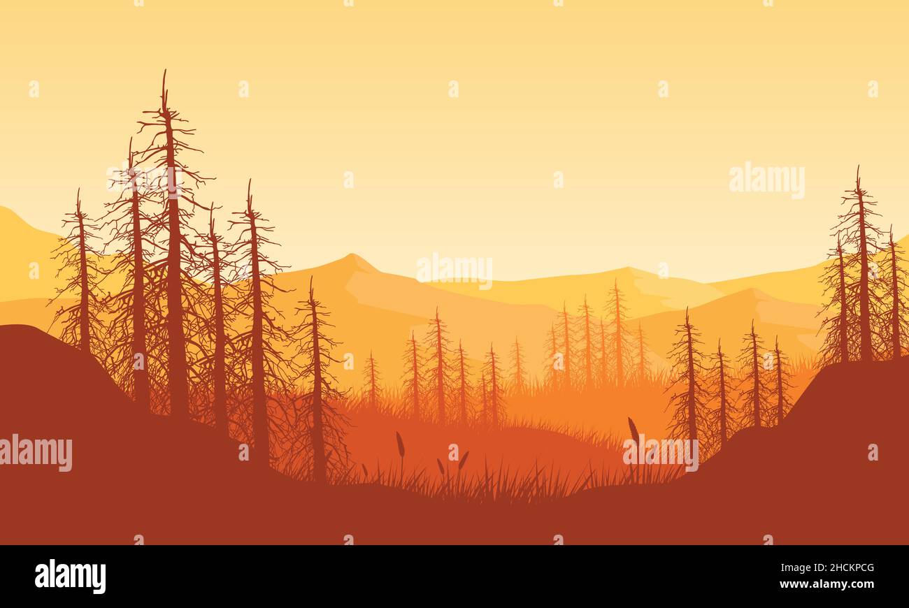 Ambiente tranquilo por la tarde con vistas realistas a la montaña desde densos bosques. Ilustración vectorial de una ciudad Ilustración del Vector