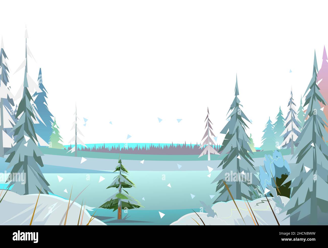 Bosque de invierno de fondo. Árboles coníferas nevados en la ducha de un estanque o río congelado. Cubierto de hielo. La nieve cae. Ilustración en estilo de dibujos animados Ilustración del Vector