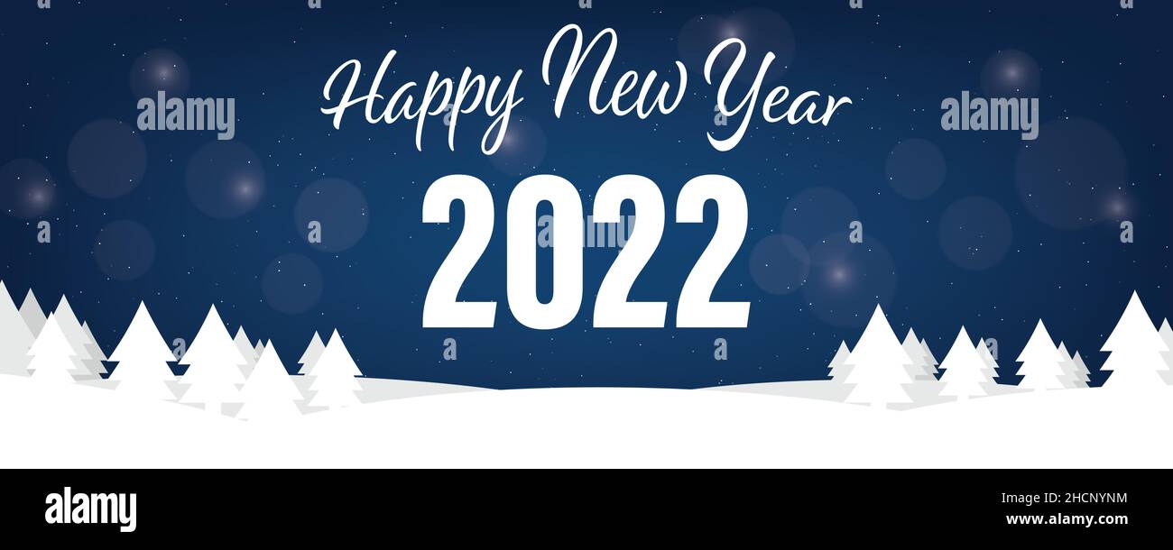 Feliz Año Nuevo 2022. Texto sobre un paisaje invernal. Ilustración del Vector