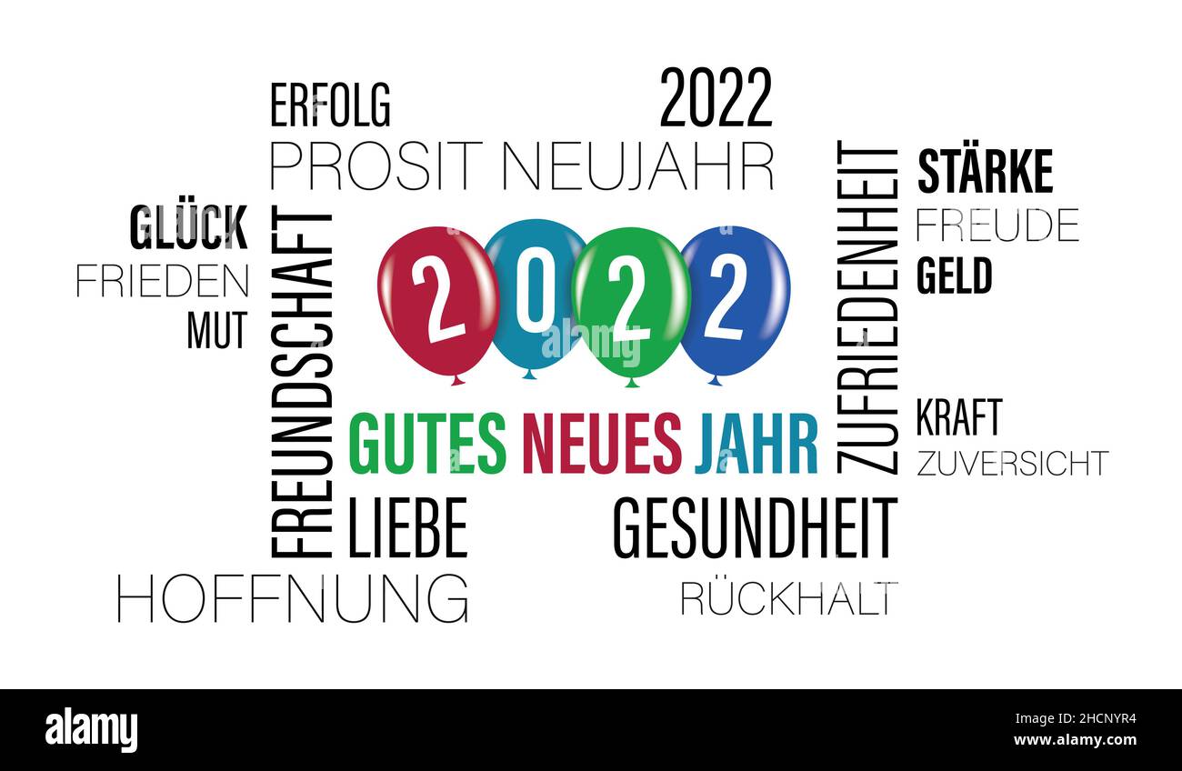 Feliz Año Nuevo 2022 - Texto y globos sobre fondo blanco. Texto en alemán. Ilustración del Vector