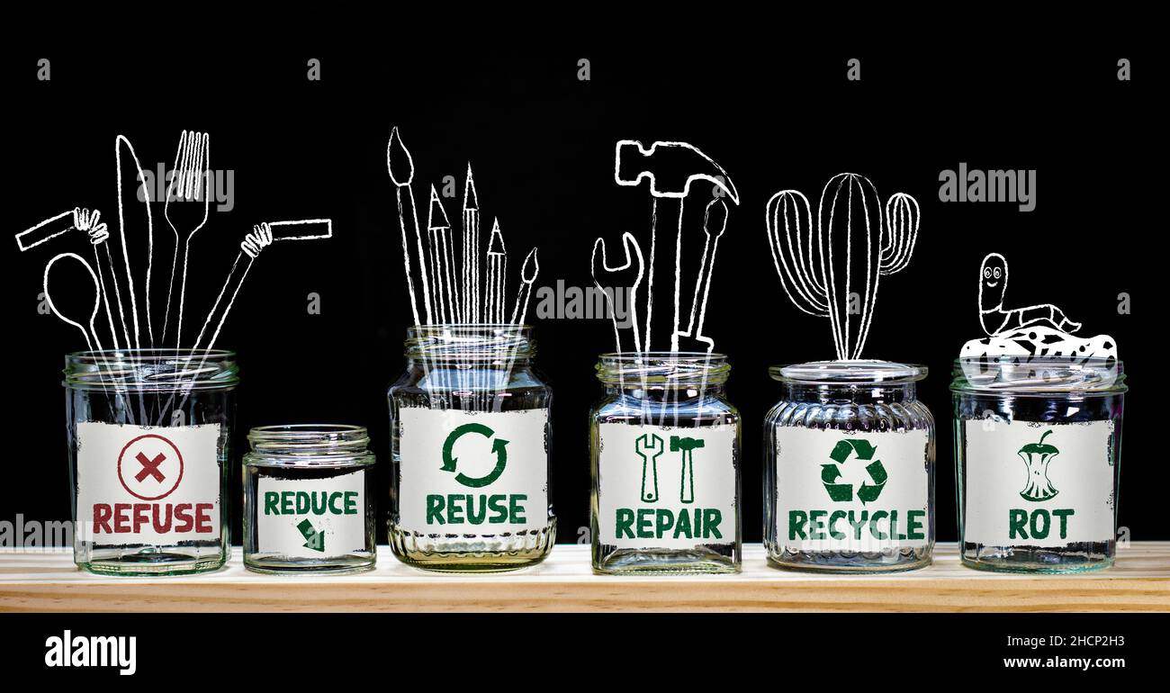 Gestión de residuos cero, ilustrado en pizarra en 6 tarros con texto de rechazo, reducir, reciclar, reparar, reutilizar, putrefacción. Vida sostenible y cero residuos c Foto de stock