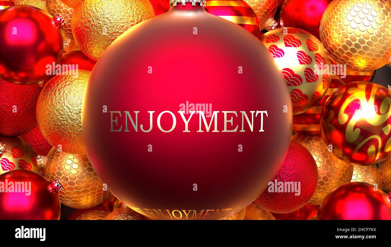 Disfrute de Navidad - docenas de adornos dorados ricos y rojos de vacaciones con una bola roja disfrute en el medio, 3D ilustración Foto de stock