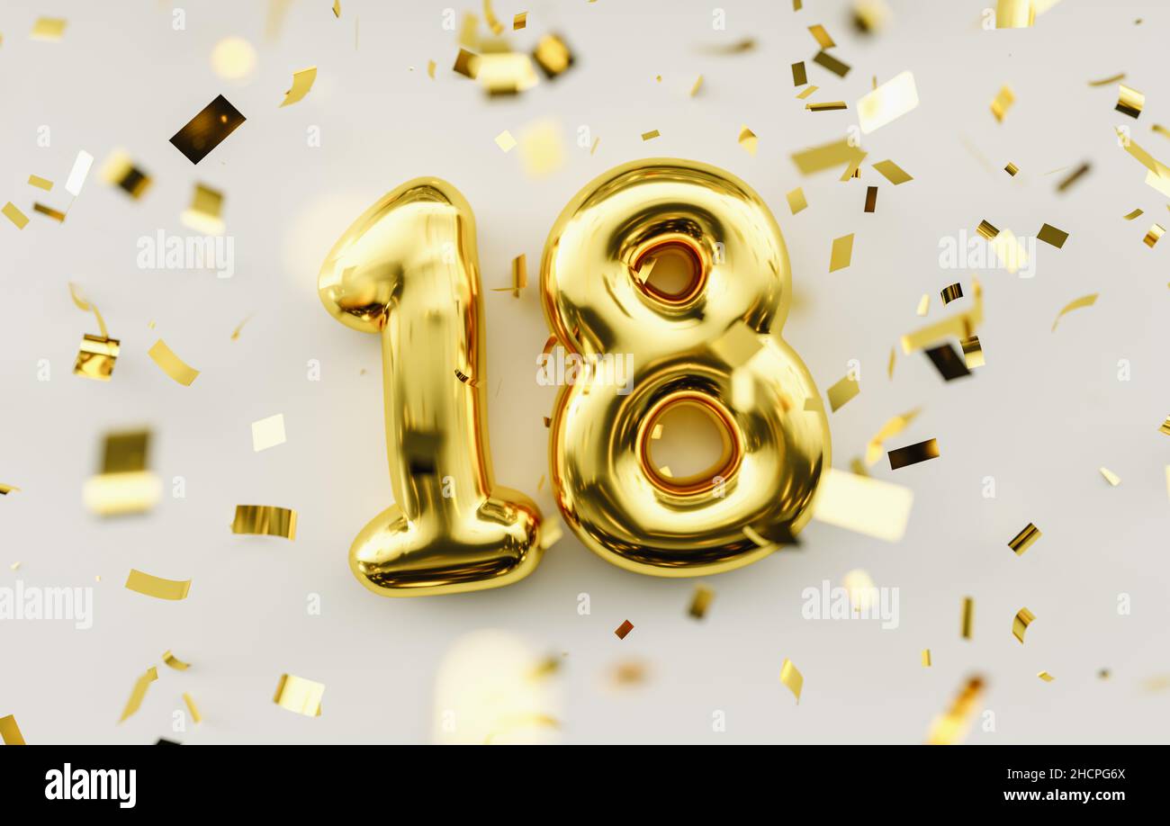 18 años. Globos de oro número 18th aniversario, feliz cumpleaños  Felicidades Fotografía de stock - Alamy